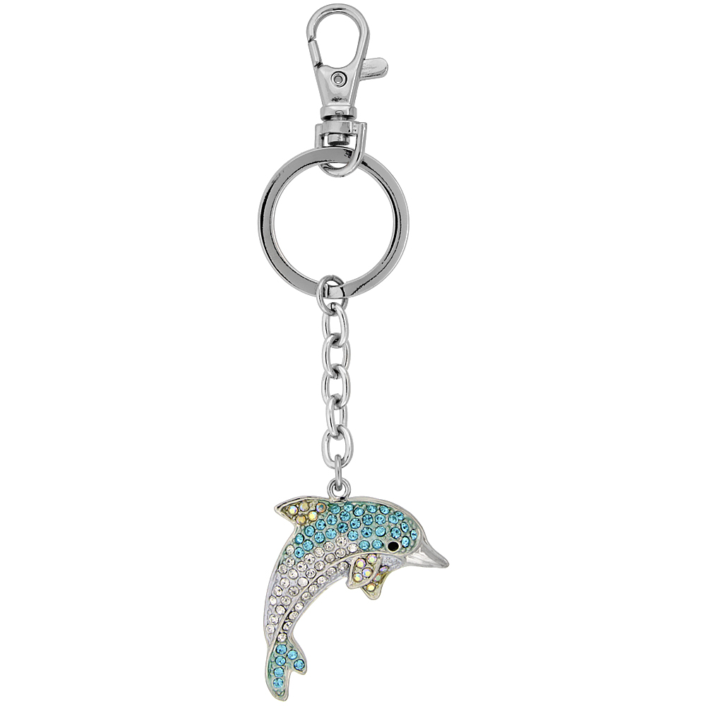 Sabrina Silver Bottlenose Dolphin Key Chain Crystal Key Ring for Women Swarovski Elements Clear Blue Topaz Color 4 inches long