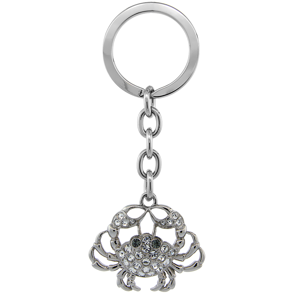 Sabrina Silver Crab Key Chain Crystal Key Ring for Women Swarovski Elements Clear Blue Topaz Color 3 1/2 inches long
