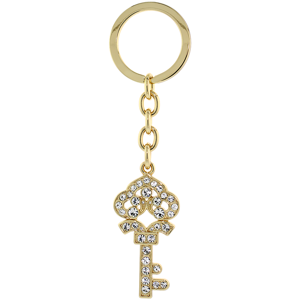 Sabrina Silver Gold Tone Jeweled Key Chain Crystal Key Ring for Women Swarovski Elements Clear 4 1/2 inches long