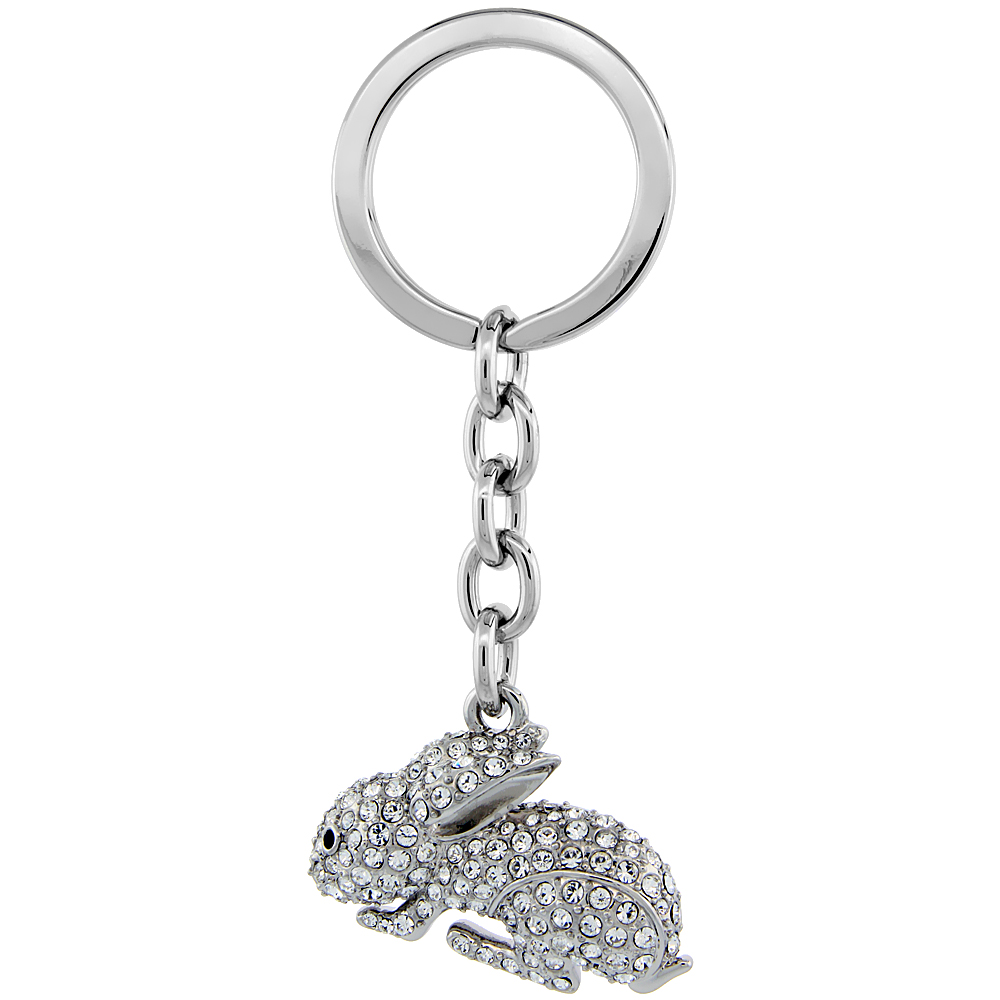 Sabrina Silver Jeweled Bunny Rabbit Key Chain Crystal Key Ring for Women Swarovski Elements 3 1/2 inches long