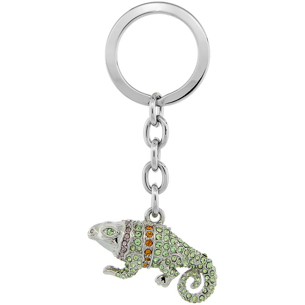 Sabrina Silver Jeweled Iguana Key Chain Crystal Key Ring for Women Swarovski Elements Multi Color 3 1/2 inches long