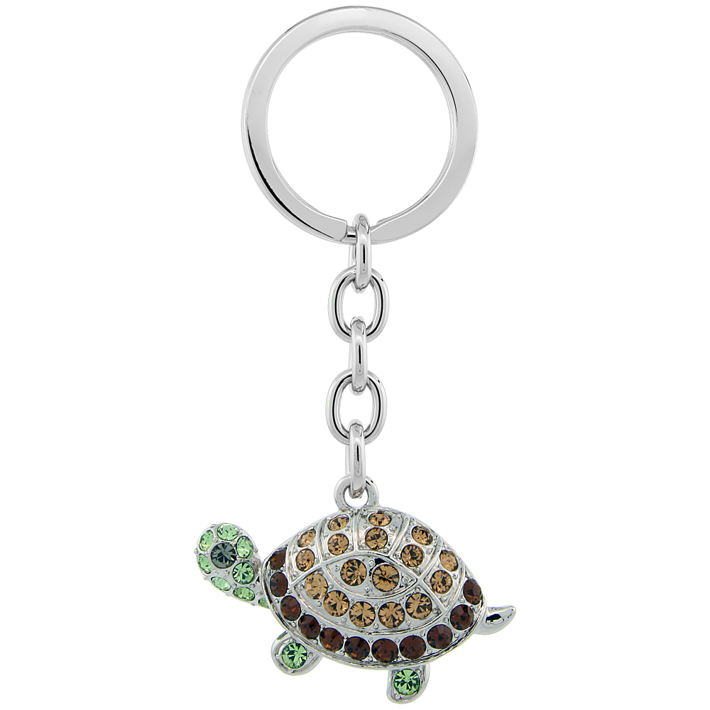 Sabrina Silver Jeweled Tortoise Turtle Key Chain Crystal Key Ring for Women Swarovski Elements Multi Color 3 1/2 inches long