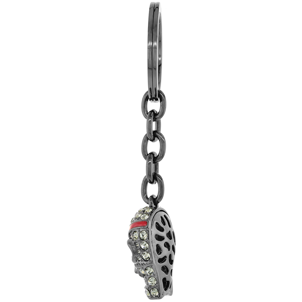 Sabrina Silver Pirate Skull Key Chain Key Ring Key Holder Key Tag Key Fob for Women Swarovski Elements Crystal Star Eye Patch Black finish 3 3/4 inch long