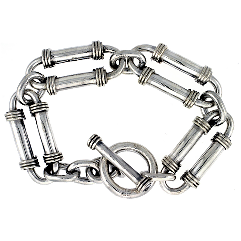 15mm Sterling Silver Wire Wrapped Double Bar Link Bracelet for Men Toggle Clasp Solid Heavy Handmade sizes 8, 8.5 &amp; 9 inch