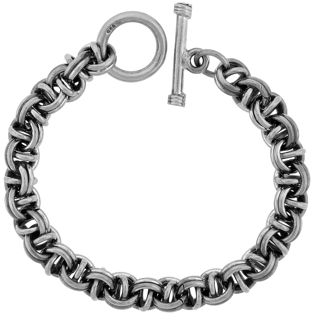 Sterling Silver Garibaldi Link Bracelet Toggle Clasp Handmade 3/8 inch wide, sizes 8, 8.5 &amp; 9 inch