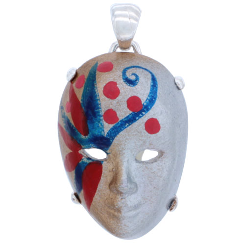 Sterling Silver Venetian Carnival Mask Pendant Hand Painted Ceramic Silver-Gold Italy 1 1/8 inch