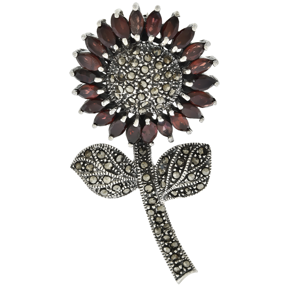 Sterling Silver Marcasite Large Sunflower Brooch Pin w/ Marquise Cut Garnet Stones 2 1/2 inch (62 mm) tall
