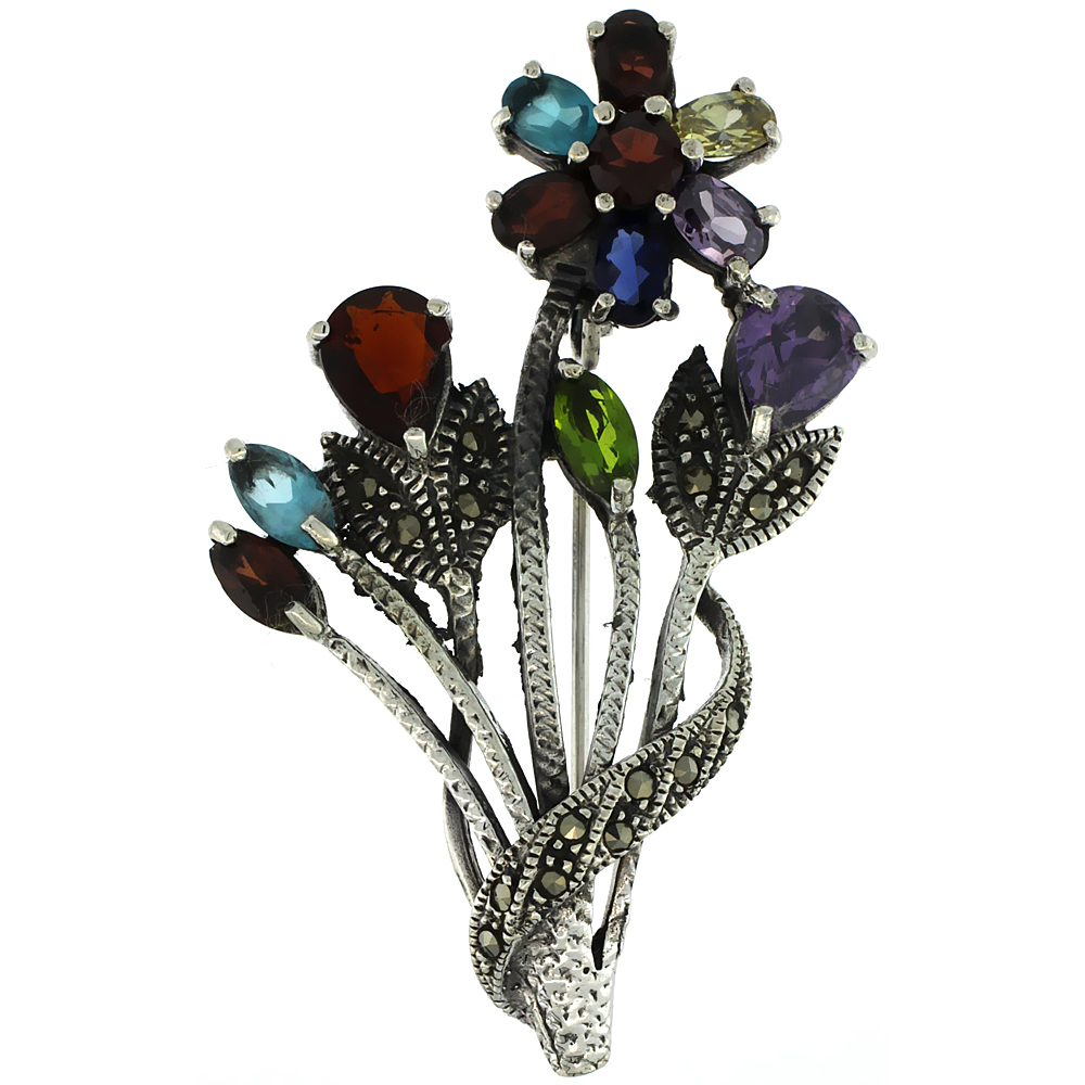Sterling Silver Marcasite Flower Cluster Brooch Pin w/ Round, Pear, Oval &amp; Marquise Cut Multi Color Stones, 2 1/4 inch (57 mm) t