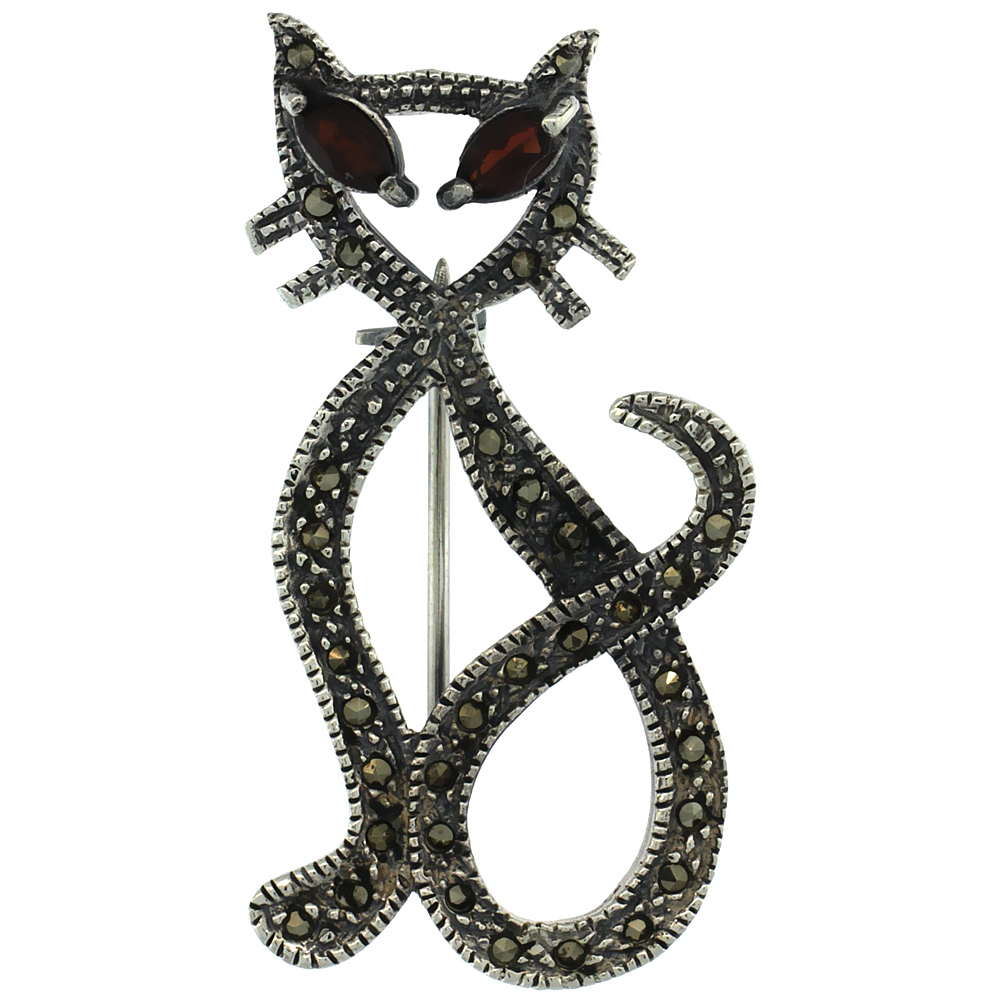 Sterling Silver Marcasite Cut-out Cat Brooch Pin w/ Marquise Cut Garnet Stones, 1 3/4 inch (46 mm) tall