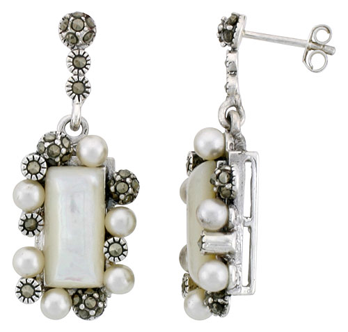 Marcasite Rectangular Earrings in Sterling Silver, w/ Mother of Pearl, 1 3/8&quot; (35 mm) tall