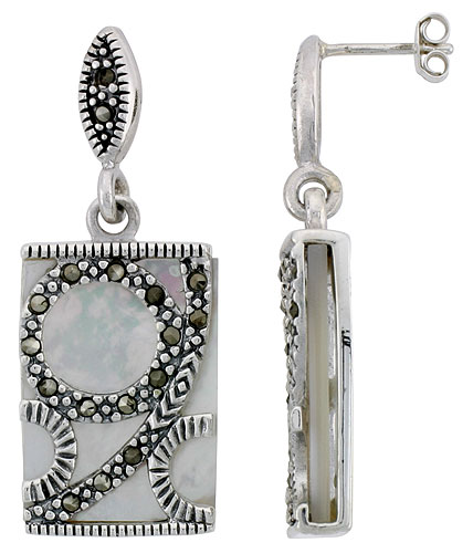 Marcasite Rectangular Earrings in Sterling Silver, w/ Mother of Pearl, 1 9/16&quot; (40 mm) tall