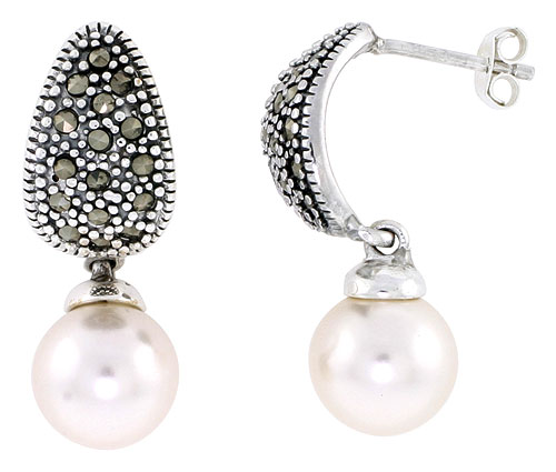 Marcasite Earrings in Sterling Silver, w/ Faux Pearl, 1 1/8&quot; (29 mm) tall