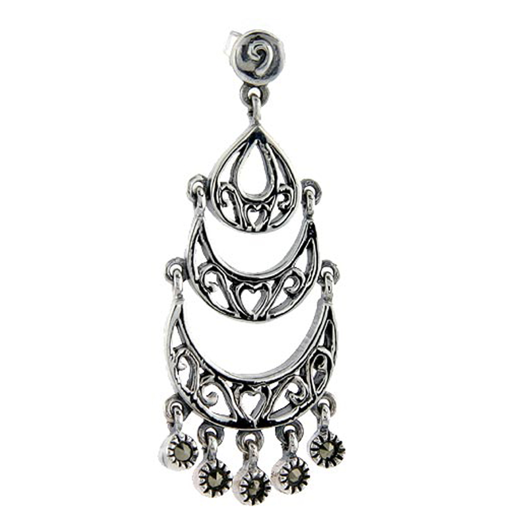 Sterling silver Marcasite chandelier Dangle Drop Earrings 3 Tiered Heart Filigree 1 3/4 inch long
