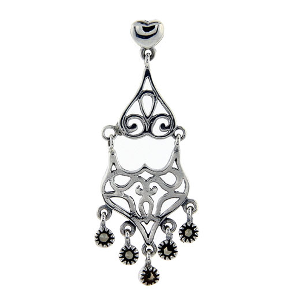 Sterling silver Marcasite chandelier Dangle Drop Earrings double tired Fleur De Lis 1 3/4 inch long