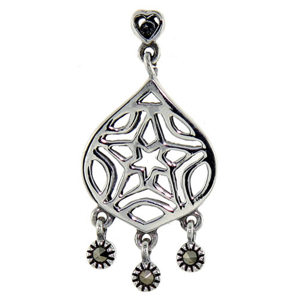 Sterling silver Marcasite chandelier Dangle Drop Earrings Stars Motif 1 1/4 inch long