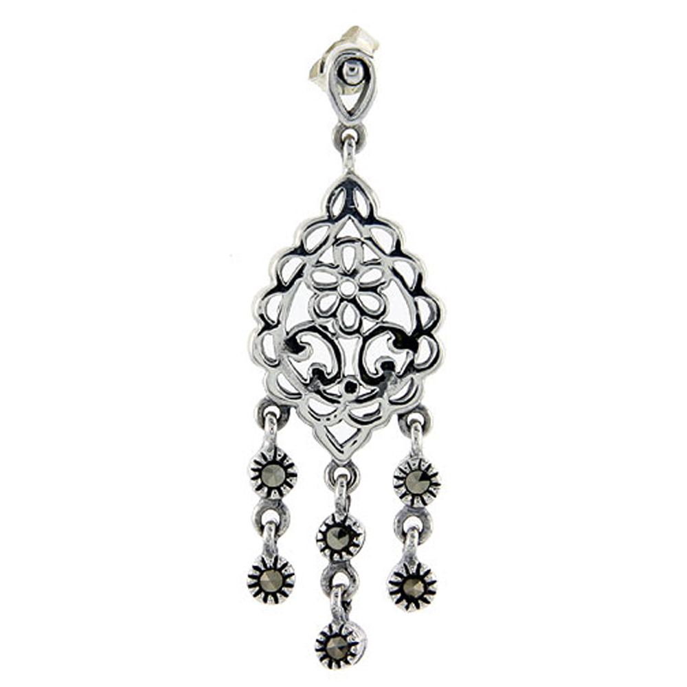 Sterling silver Marcasite chandelier Dangle Drop Earrings Flower and C Scrolls 1 3/4 inch long