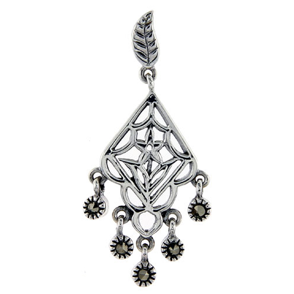 Sterling silver Marcasite chandelier Dangle Drop Earrings Leaf Post Filigree Flower 1 1/2 inch long