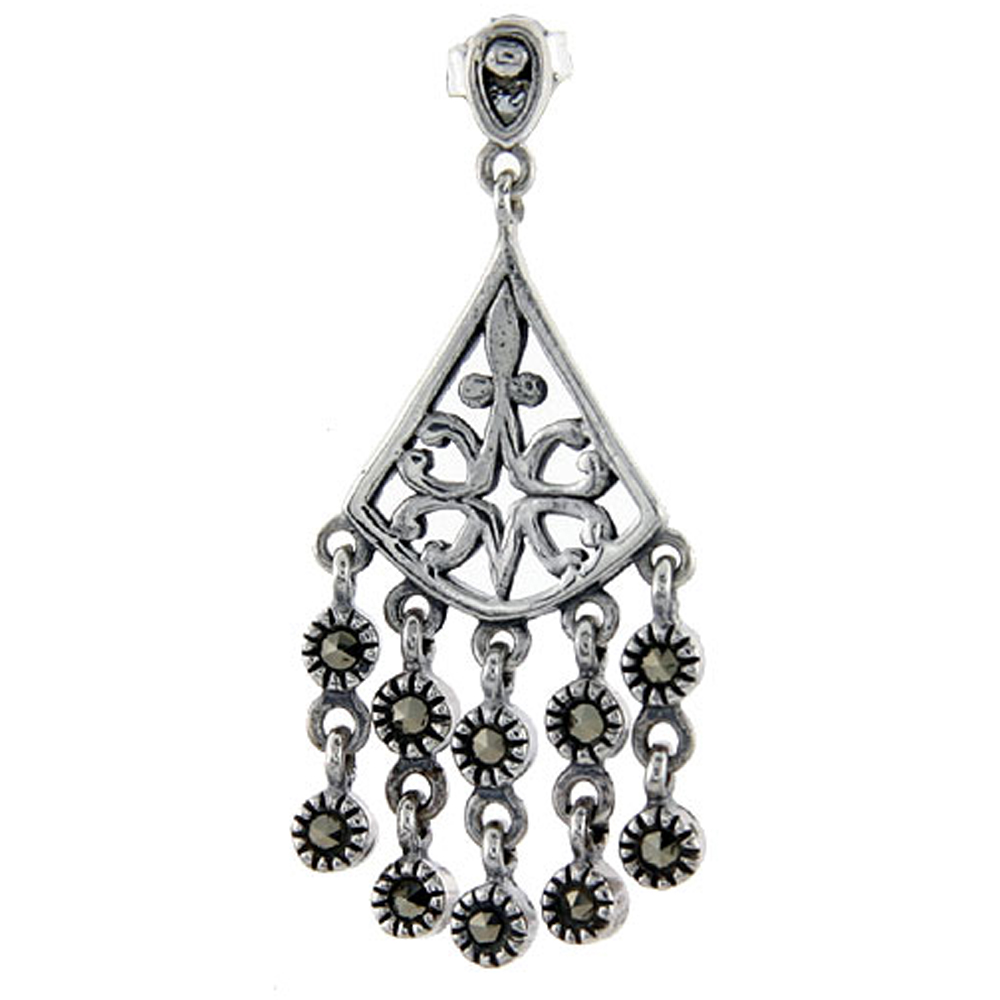 Sterling silver Marcasite chandelier Dangle Drop Earrings Art Deco style  1 3/4 inch long