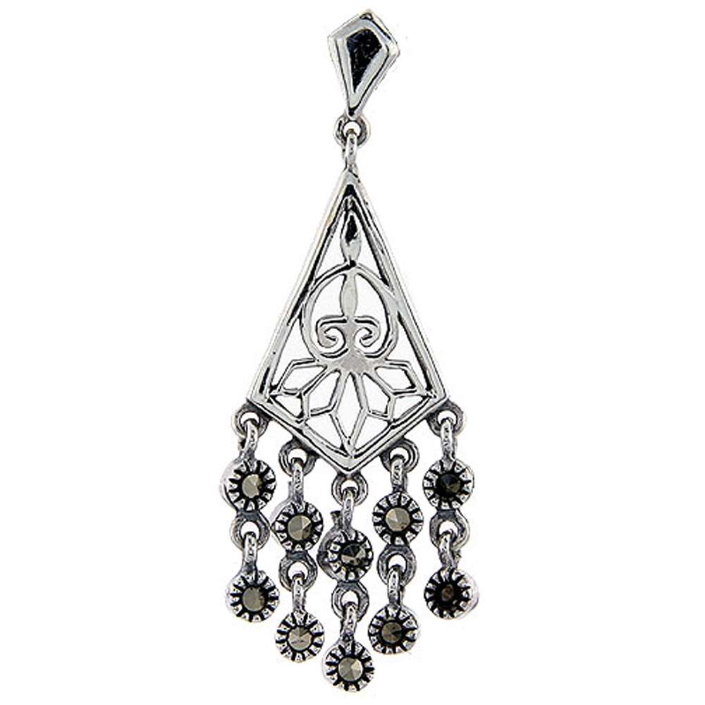 Sterling silver Marcasite chandelier Dangle Drop Earrings Fleur De Lis & Octopus 1 3/4 inch long