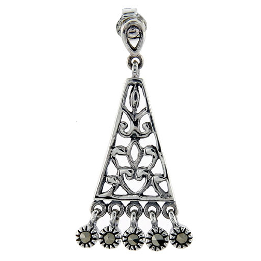 Sterling silver Marcasite chandelier Dangle Drop Earrings Triangular Art Deco Style 1 1/4 inch long