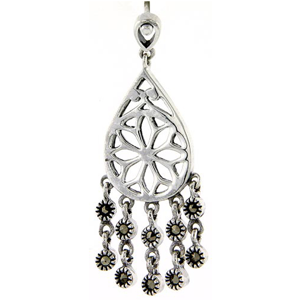 Sterling silver Marcasite chandelier Dangle Drop Earrings Filigree Flower 1 3/4 inch long