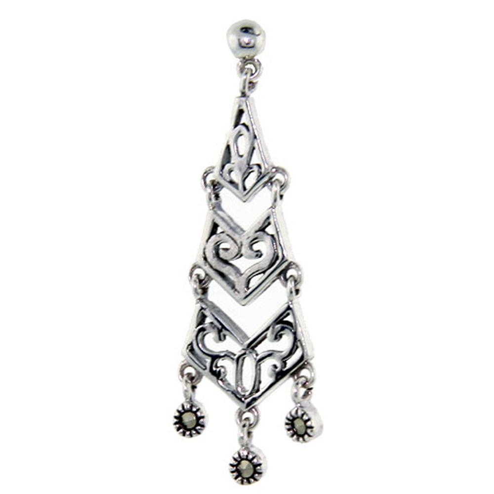 Sterling silver Marcasite chandelier Dangle Drop Earrings 3 Tiered Chevron 1 3/4 inch long