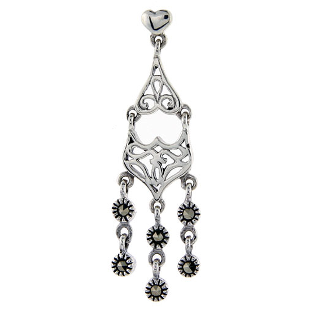 Sterling silver Marcasite chandelier Dangle Drop Earrings 2 Tiered Fleur de Lis 1 3/4 inch long