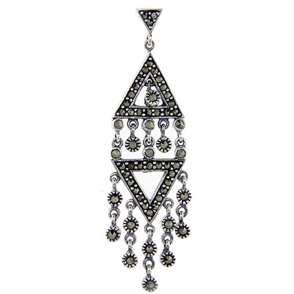 Sterling silver Marcasite chandelier Dangle Drop Earrings Art Deco style Double Triangle 2 1/2 inch long