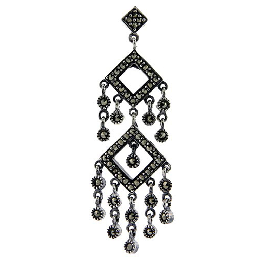 Sterling silver Marcasite chandelier Dangle Drop Earrings Art Deco Double Squares 2 1/2 inch long