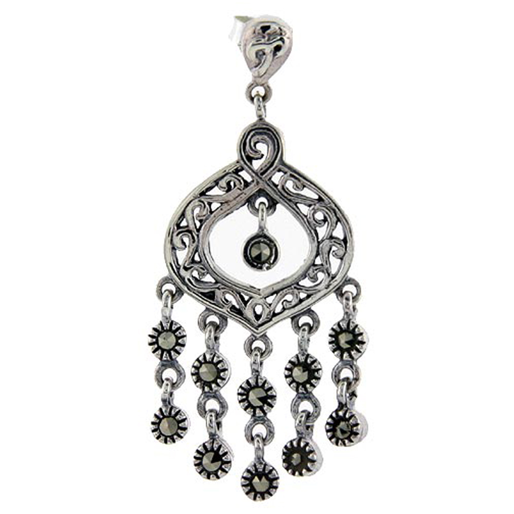 Sterling silver Marcasite chandelier Dangle Drop Earrings Tear Drop Filigree Scrolls 1 3/4 inch long