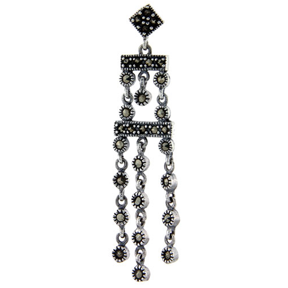 Sterling silver Marcasite chandelier Dangle Drop Earrings Art Deco 2 Bars 2 1/4 inch long