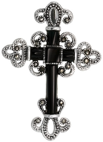 Sterling Silver Marcasite Cross Fleury Pendant, w/ Jet Stones, 2 1/16&quot; (53 mm) tall