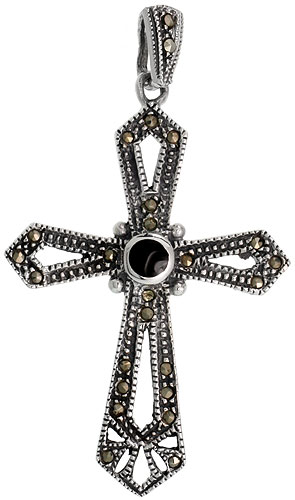Sterling Silver Marcasite Cross Pendant, w/ Round Jet Stone inlay, 2&quot; (51 mm) tall