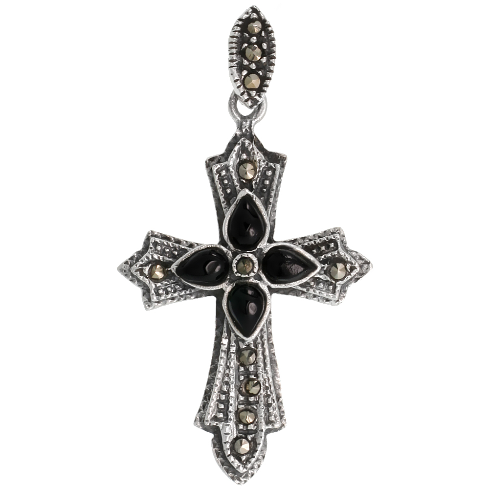 Sterling Silver Marcasite New Coptic Cross Pendant w/ Pear Shape Jet Stones 1 13/16 (46 mm) tall