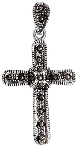 Sterling Silver Marcasite Quadrate Cross Pendant, w/ Rope Edges, 1 7/16&quot; (37 mm) tall
