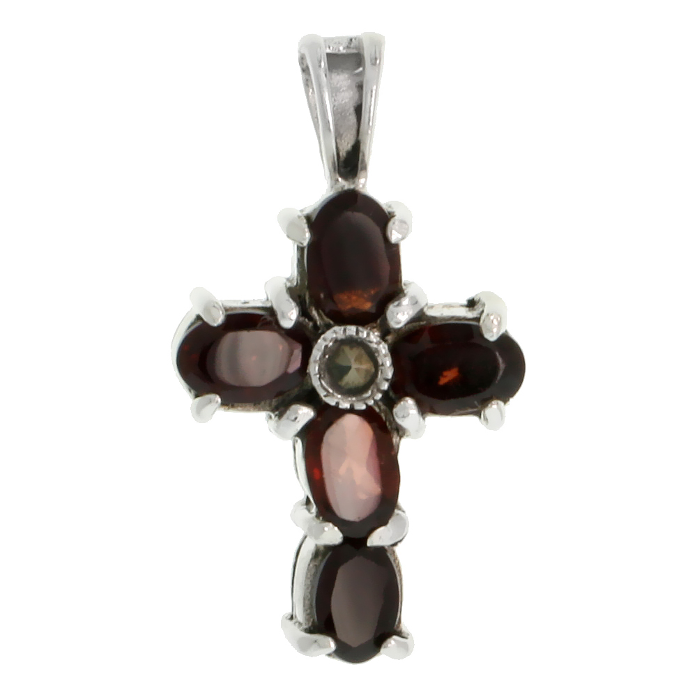 Sterling Silver Marcasite Jeweled Cross Pendant w/ Natural Garnet Stones 13/16" (21 mm) tall