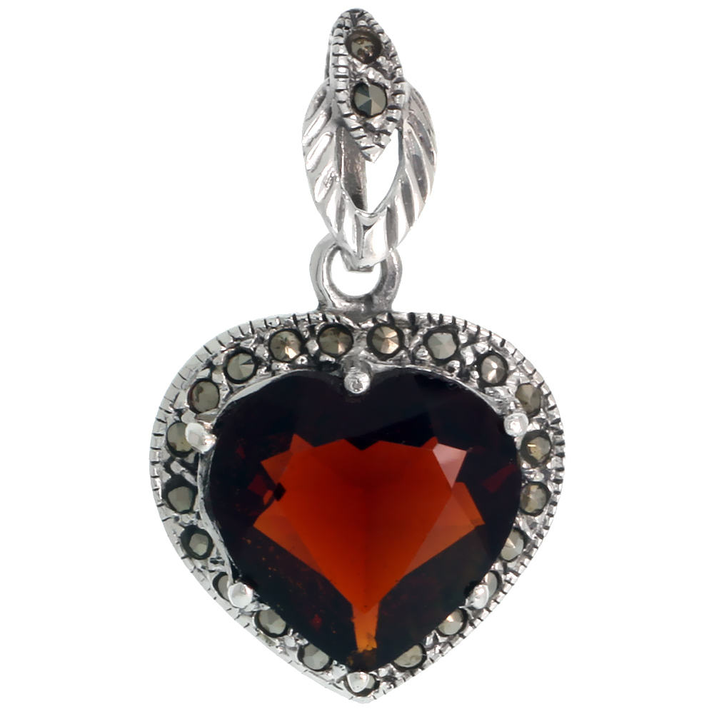 Sterling Silver Marcasite Heart Pendant w/ Garnet CZ, 1 5/16&quot; (34 mm) tall