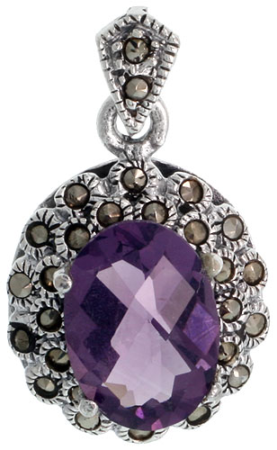 Sterling Silver Oval Marcasite Pendant, w/ Amethyst Center Stone, 1 3/16&quot; (30 mm) tall