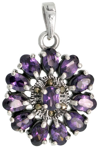 Sterling Silver Marcasite Flower Pendant, w/ Oval Cut 6x4 mm Amethyst CZ Stones, 1&quot; (26 mm) tall