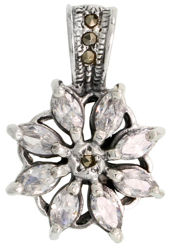 Sterling Silver Marcasite Flower Pendant, w/ Marquise Cut 6x3 mm CZ Stones, 1 1/16&quot; (27 mm) tall