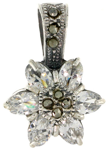 Sterling Silver Marcasite Flower Pendant, w/ Oval Cut 6x4 mm CZ Stones, 15/16&quot; (24 mm) tall