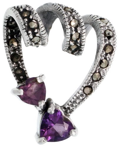 Sterling Silver Marcasite Heart Cut Out Pendant, w/ Heart Shape Amethyst CZ Stones, 1 1/8&quot; (28 mm) tall