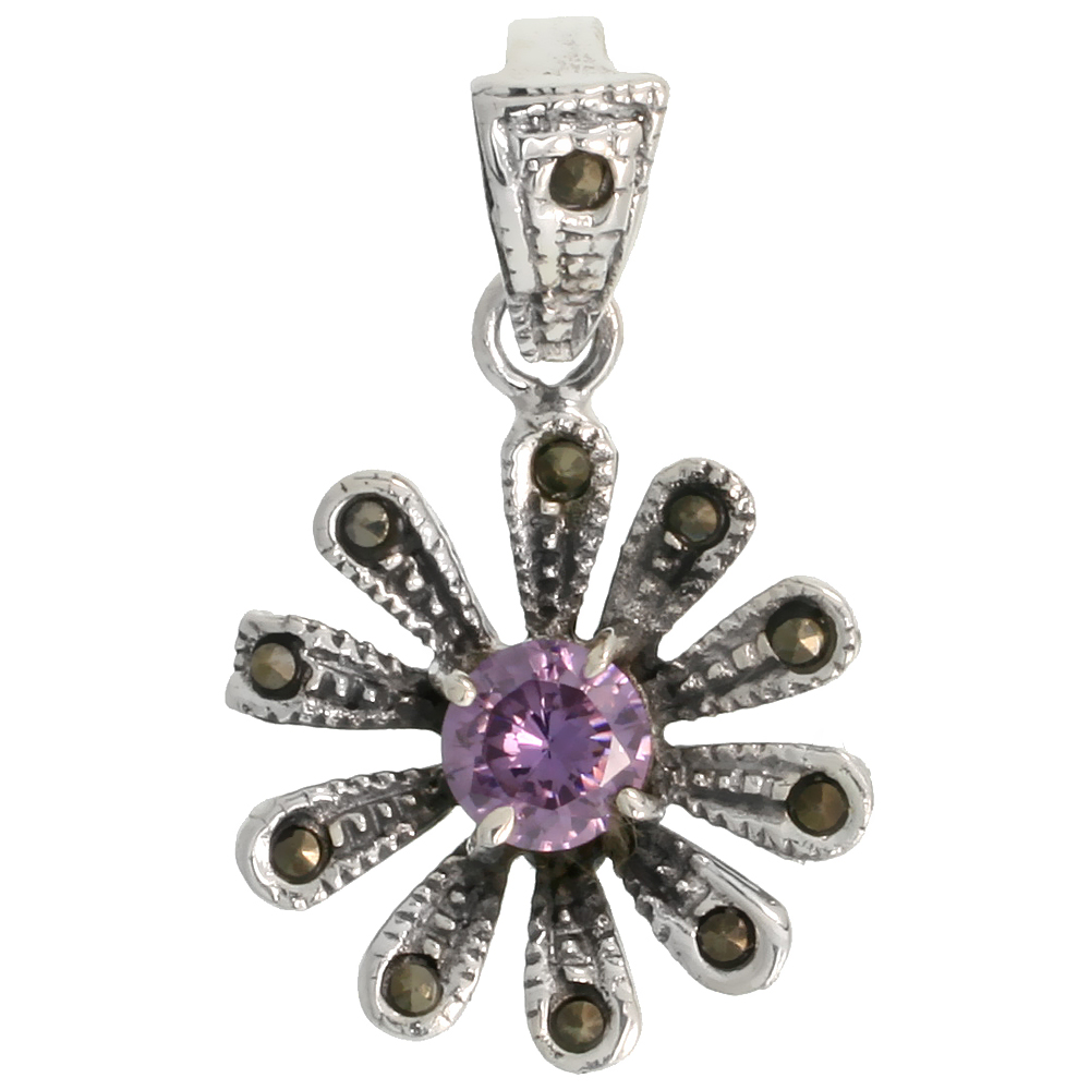 Sterling Silver Marcasite Flower Pendant, w/ Brilliant Cut 4 mm Amethyst Color CZ Stone, 1 1/8" (29 mm) tall