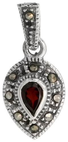 Sterling Silver Marcasite Pear Shape Pendant, w/ Oval Cut 7x5 mm Garnet Color CZ Stone, 1&quot; (25 mm) tall
