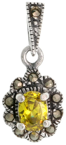 Sterling Silver Marcasite Cluster Pendant, w/ Oval Cut 7x5 mm Citrine Color CZ Stone, 7/8&quot; (22 mm) tall
