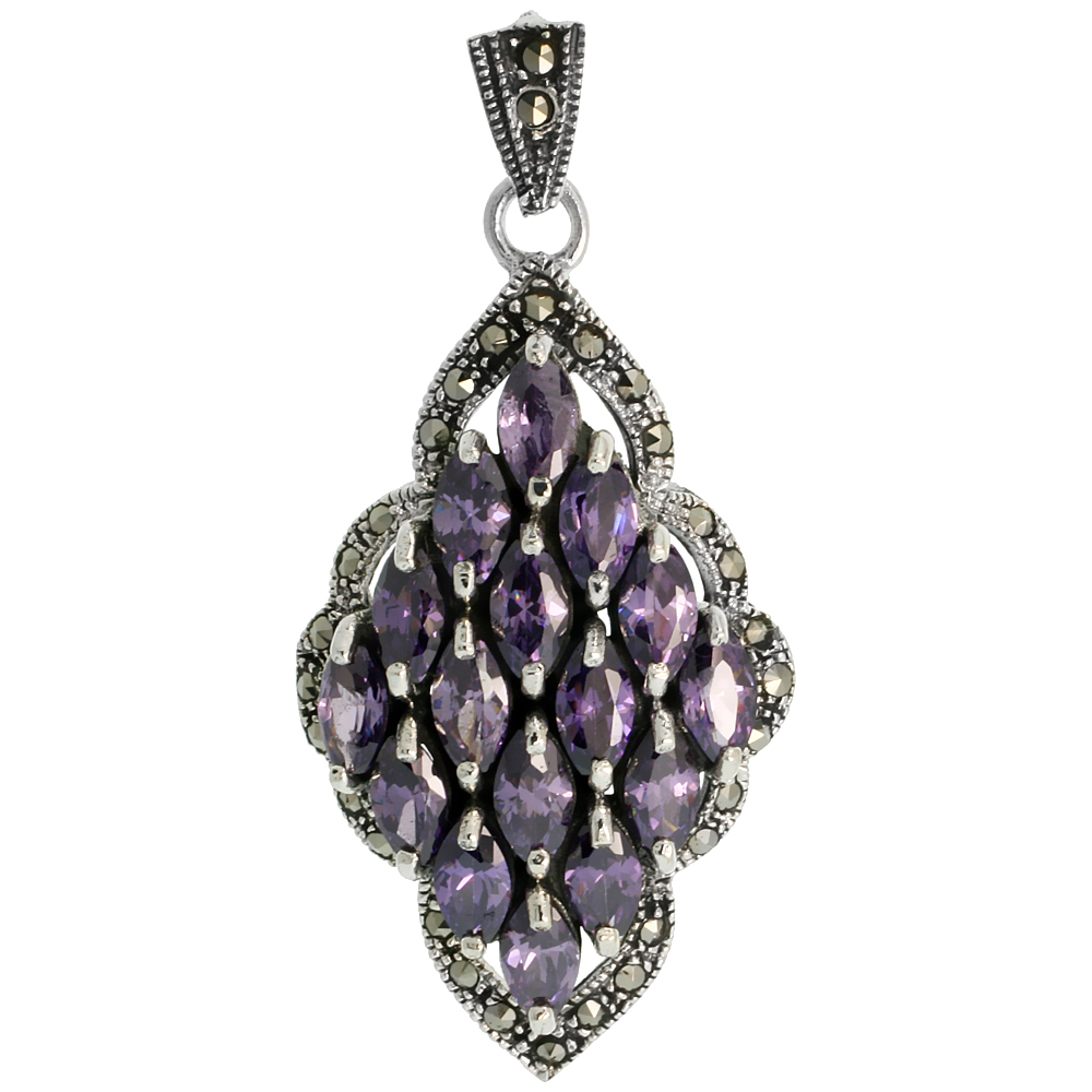 Sterling Silver Marcasite Diamond Shape Pendant, w/ Marquise Cut 8x4 mm Amethyst CZ Stones, 1 7/8&quot; (48 mm) tall