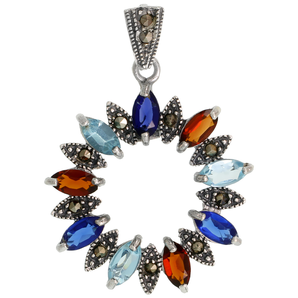 Sterling Silver Marcasite Wreath Pendant, w/ Marquise Cut 8x4 mm Garnet, Blue Sapphire &amp; Blue Topaz CZ Stones, 1 3/8&quot; (35 mm) ta
