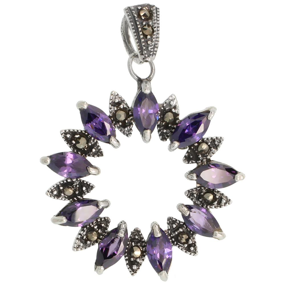 Sterling Silver Marcasite Wreath Pendant, w/ Marquise Cut 8x4 mm Amethyst CZ Stones, 1 3/8&quot; (35 mm) tall