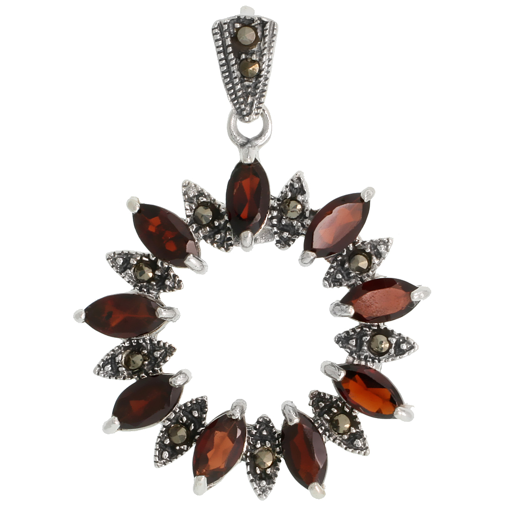 Sterling Silver Marcasite Wreath Pendant, w/ Marquise Cut 8x4 mm Garnet Stones, 1 3/8&quot; (35 mm) tall
