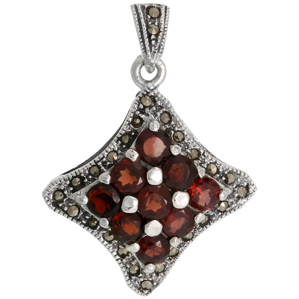 Sterling Silver Marcasite 4-Point Star Pendant, w/ Brilliant Cut 5 mm Garnet Stones, 1 7/16&quot; (36 mm) tall
